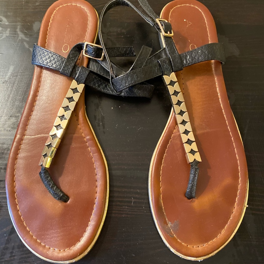 Aldo black & gold flat sandals size 10